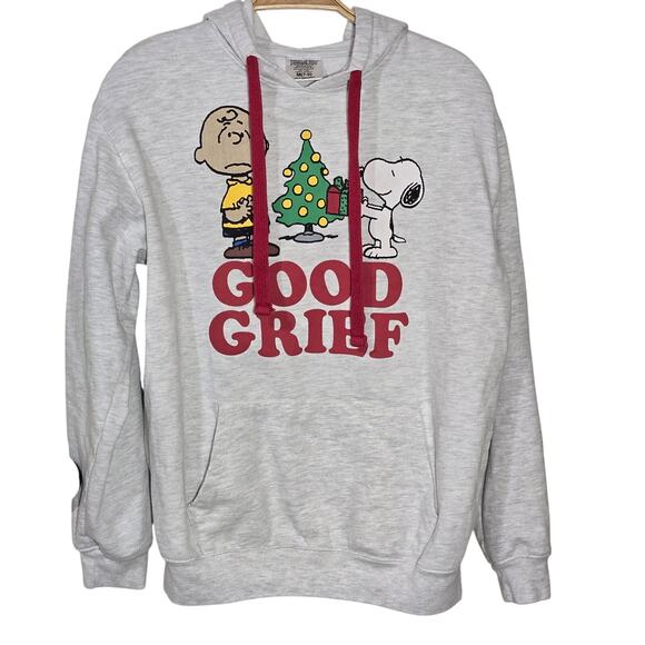 Peanuts Snoopy Hoodie Gray Pullover Christmas Tree/Presents Pocket Sz M 8-10 - Picture 2 of 6